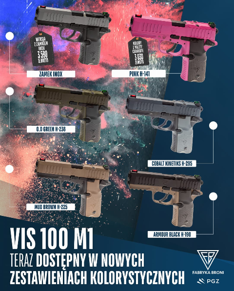 Pistolet VIS 100 M1 w nowych zestawieniach kolorystycznych.